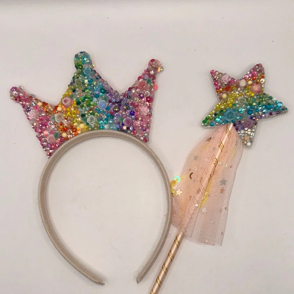 Rainbow Roses Rhinestone Princess Tiara and Wand